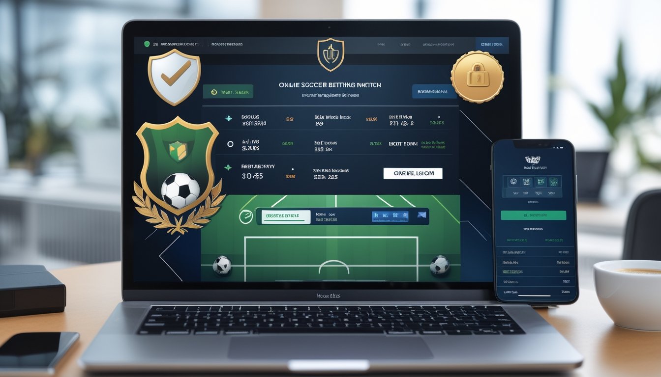 Antarmuka digital modern yang menampilkan platform taruhan sepak bola online dengan statistik pertandingan, peluang taruhan, dan simbol keamanan di lingkungan kantor profesional.