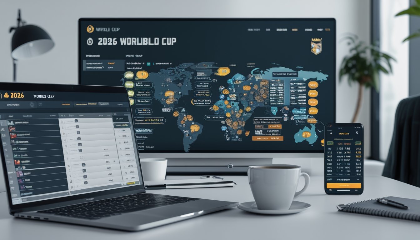 Meja kerja dengan laptop, ponsel, dan layar digital yang menampilkan analisis tim dan jadwal pertandingan sepak bola Piala Dunia 2026.