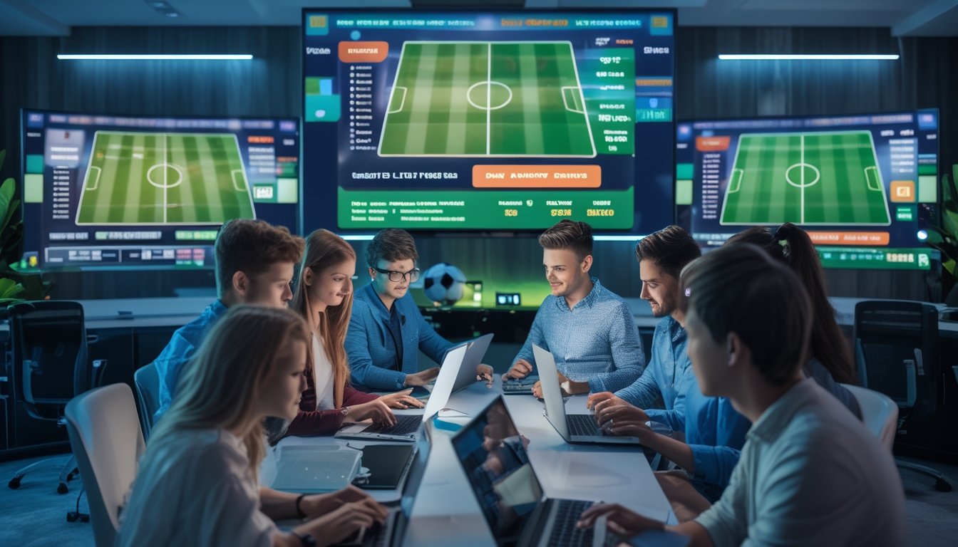 Orang-orang muda sedang menggunakan komputer dan ponsel untuk menonton pertandingan sepak bola secara langsung dan memasang taruhan online di sebuah ruang kerja modern.