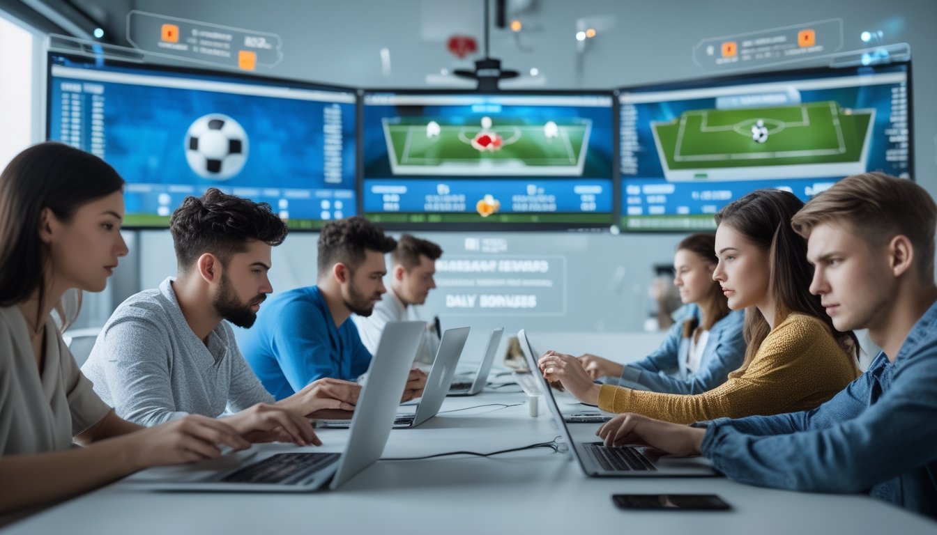 Beberapa orang muda menggunakan komputer dan ponsel untuk memasang taruhan bola online dengan pertandingan sepak bola langsung di layar.