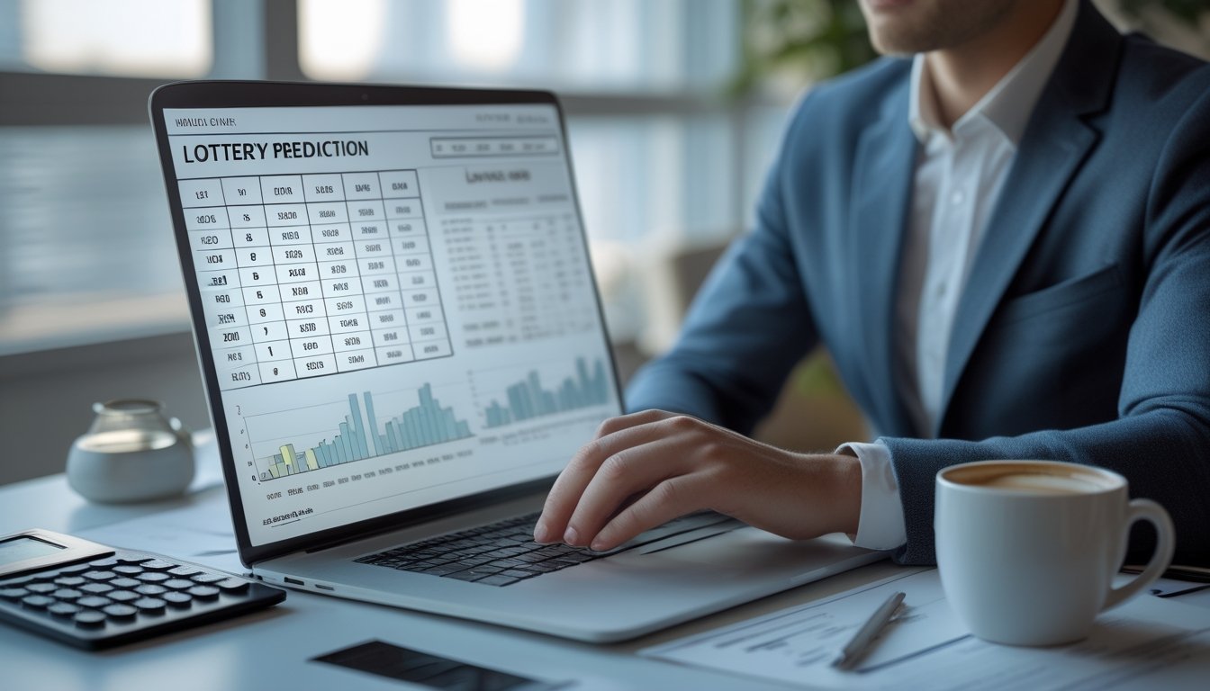 Seorang profesional sedang menganalisis data prediksi togel di depan laptop di kantor dengan pemandangan kota di latar belakang.