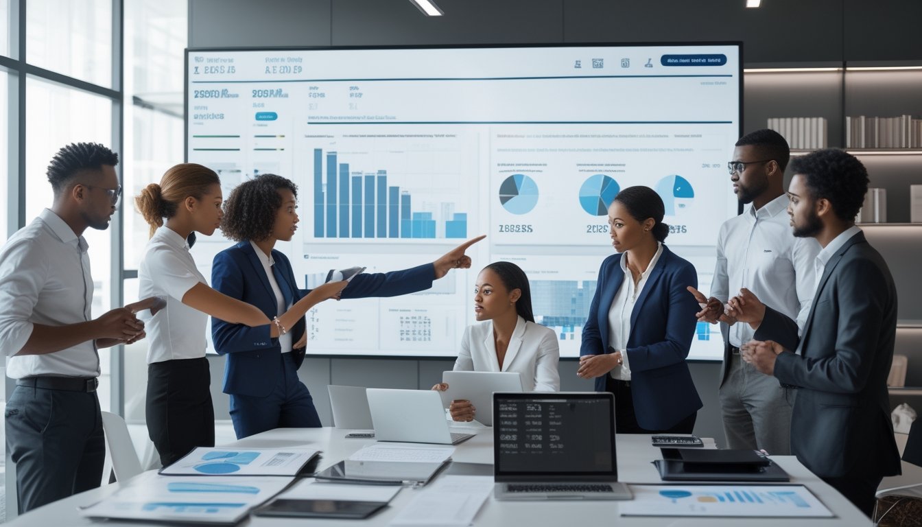Sekelompok profesional sedang berdiskusi di kantor dengan layar digital menampilkan grafik dan data prediksi angka togel.