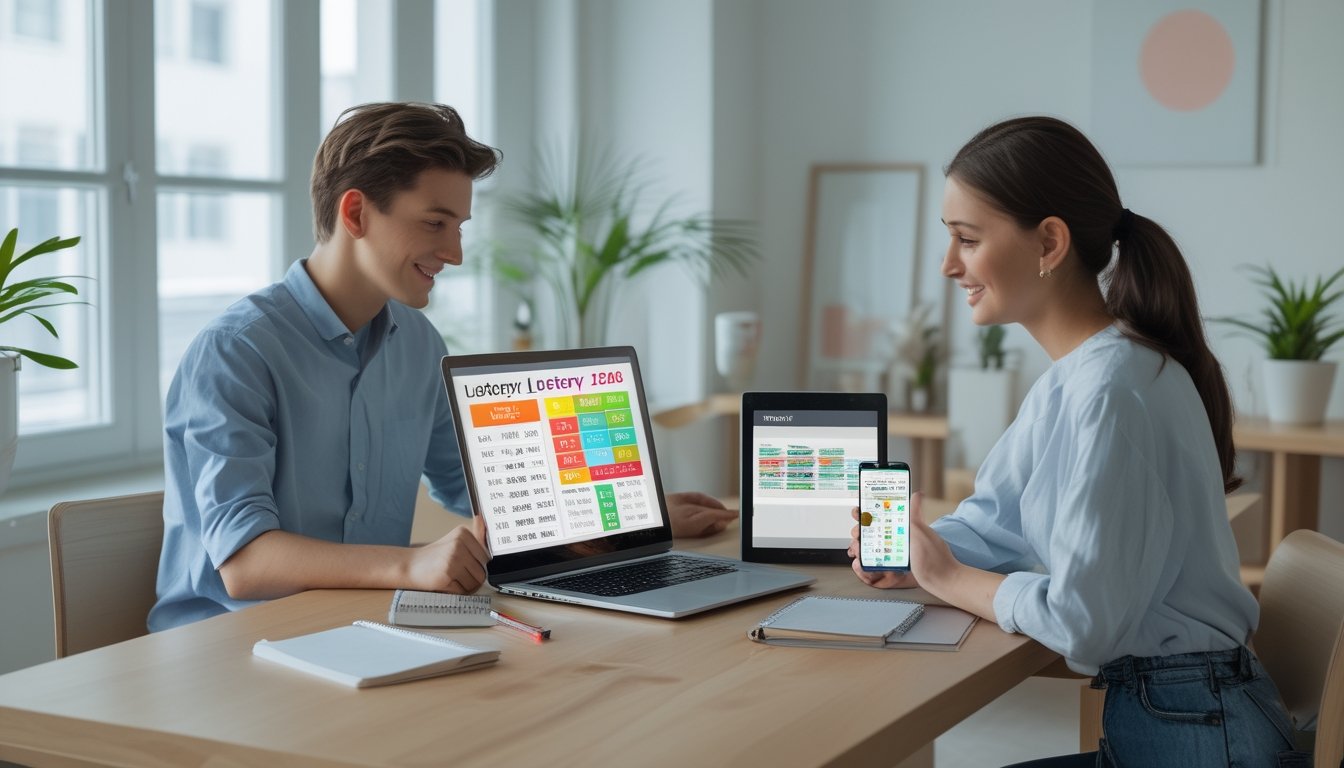 Dua orang muda duduk di meja dengan laptop dan alat tulis, belajar tentang permainan togel 50-50 di ruangan terang.