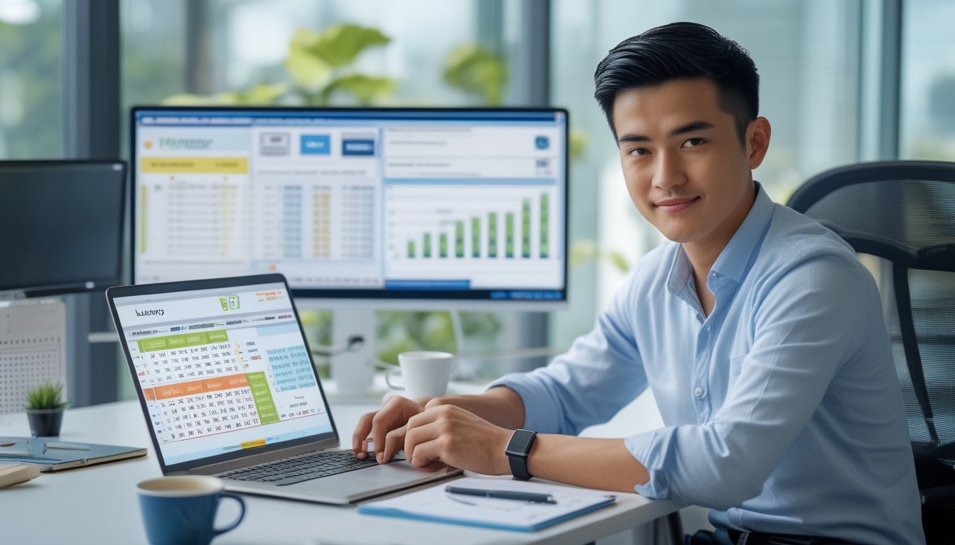 Seorang pria muda duduk di meja kerja dengan laptop dan tablet, fokus menganalisis strategi togel di ruang kantor yang terang dan rapi.