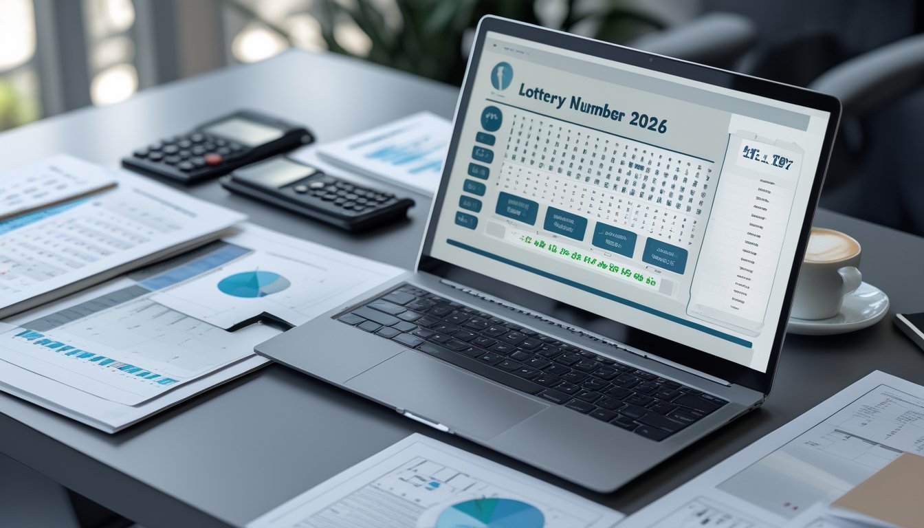 Meja kerja dengan laptop menampilkan grafik dan angka, kertas berisi data statistik, kalkulator, dan secangkir kopi, menggambarkan analisis pola angka togel tahun 2026.