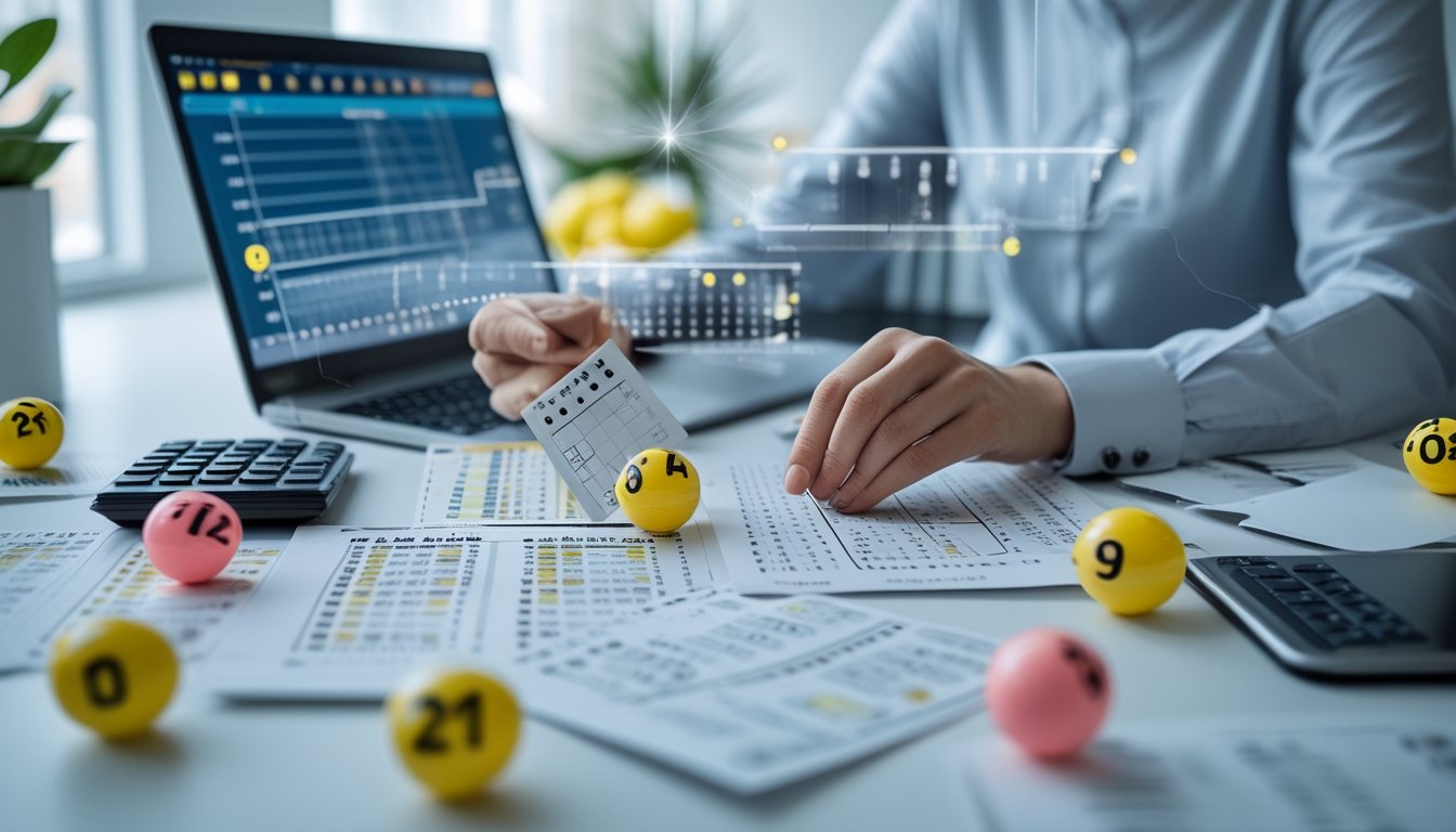 Tangan seseorang sedang menganalisis tiket togel dan grafik angka di atas meja kerja yang rapi dengan laptop dan kalkulator.