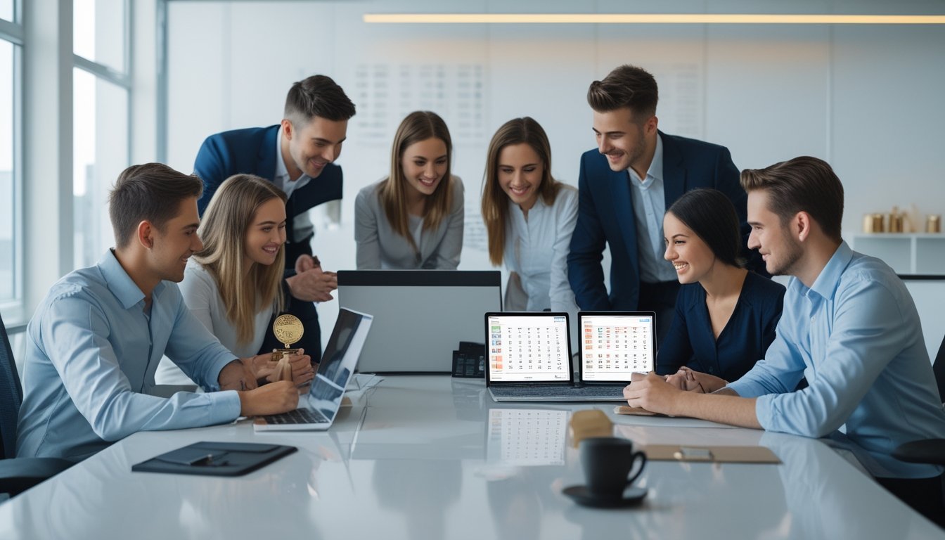 Sekelompok orang muda di kantor modern menggunakan perangkat digital untuk bermain togel online dengan suasana terang dan profesional.