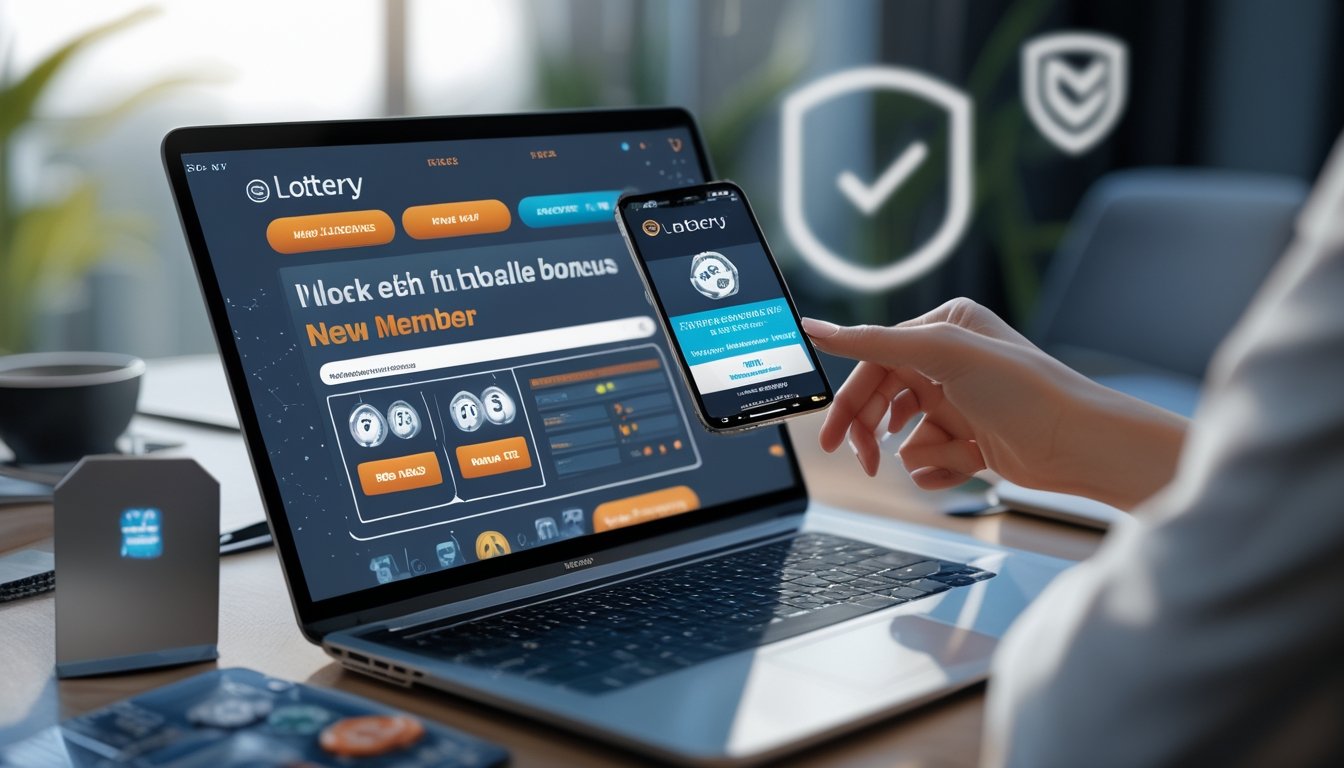 Meja kerja modern dengan laptop dan ponsel yang menampilkan antarmuka judi togel online dan notifikasi bonus.
