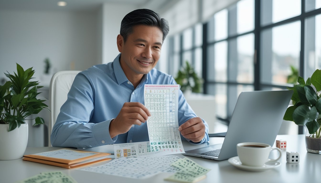 Seorang pria Asia Tenggara duduk di meja kantor dengan tiket lotre dan catatan angka, tampak fokus dan optimis.