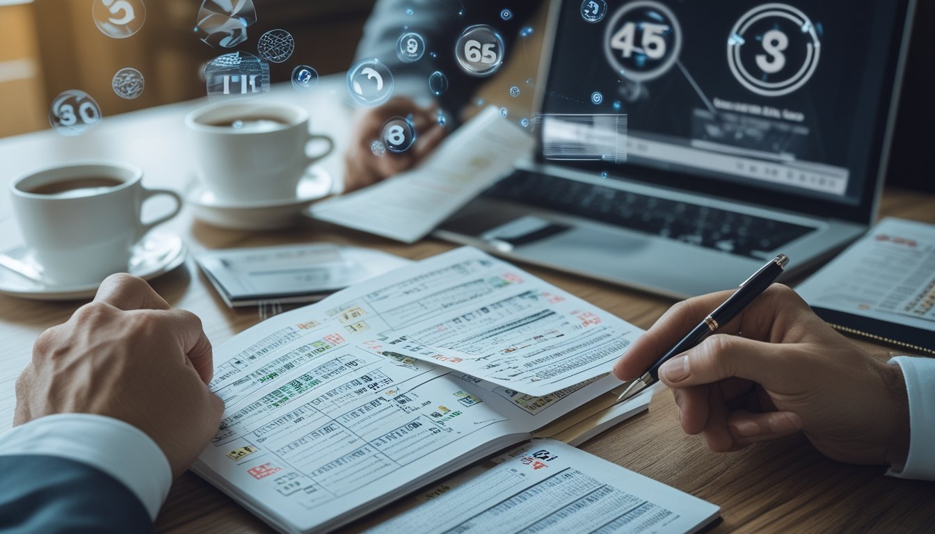 Tangan seseorang memegang tiket togel dan pena di atas notepad dengan catatan angka, laptop di meja, dan suasana fokus serta analitis.