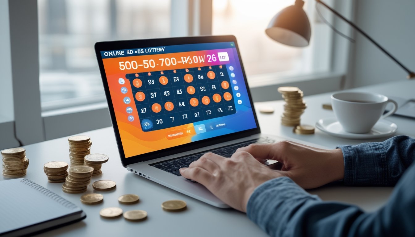 Seorang individu sedang menggunakan laptop di meja kerja dengan uang dan koin di sekitar, menunjukkan aktivitas judi togel online.