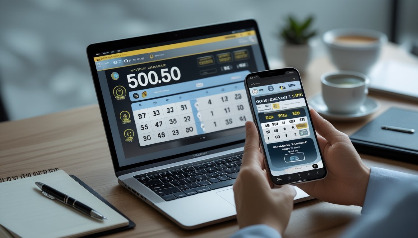 Seorang pengguna sedang bermain togel 50-50 online menggunakan laptop dan ponsel di meja kerja dengan latar belakang yang samar.