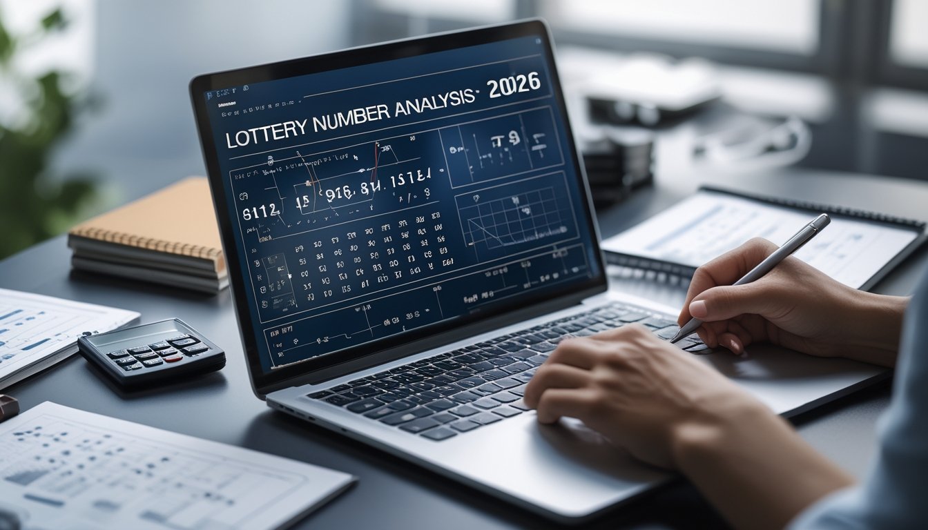 Seseorang sedang menganalisis data dan rumus matematika di meja kerja dengan laptop, kalkulator, dan catatan.