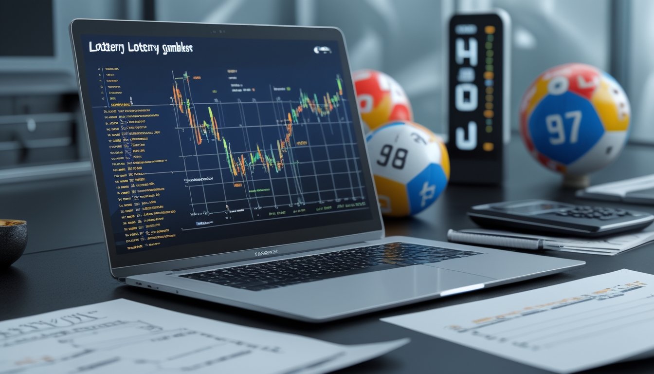 Meja kerja dengan laptop yang menampilkan rumus matematika dan grafik analisa data, dilengkapi kalkulator dan bola togel di latar belakang.