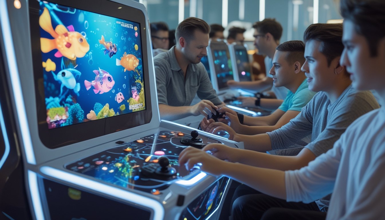 Beberapa orang sedang bermain permainan tembak ikan di mesin arkade dengan layar yang menampilkan berbagai ikan dan monster laut.