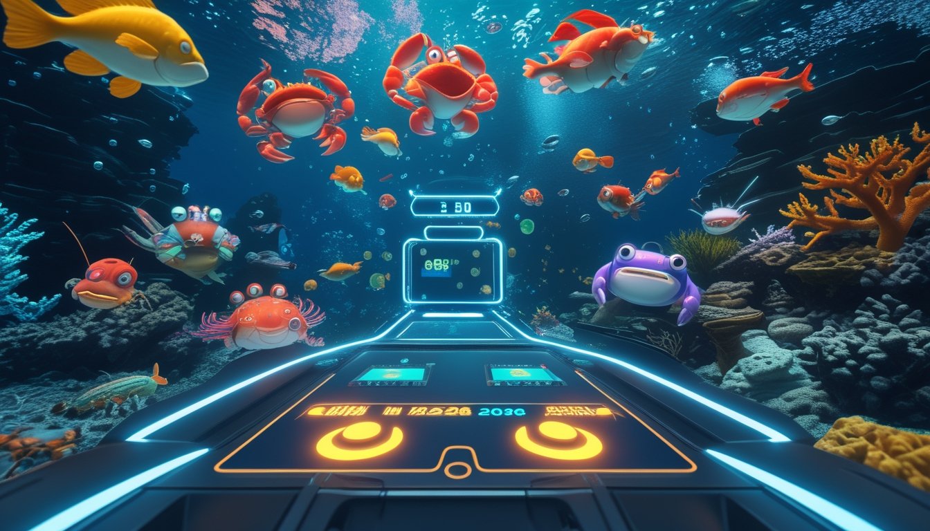 Pemandangan bawah laut penuh ikan dan monster laut dengan antarmuka permainan digital yang cerah dan hidup.