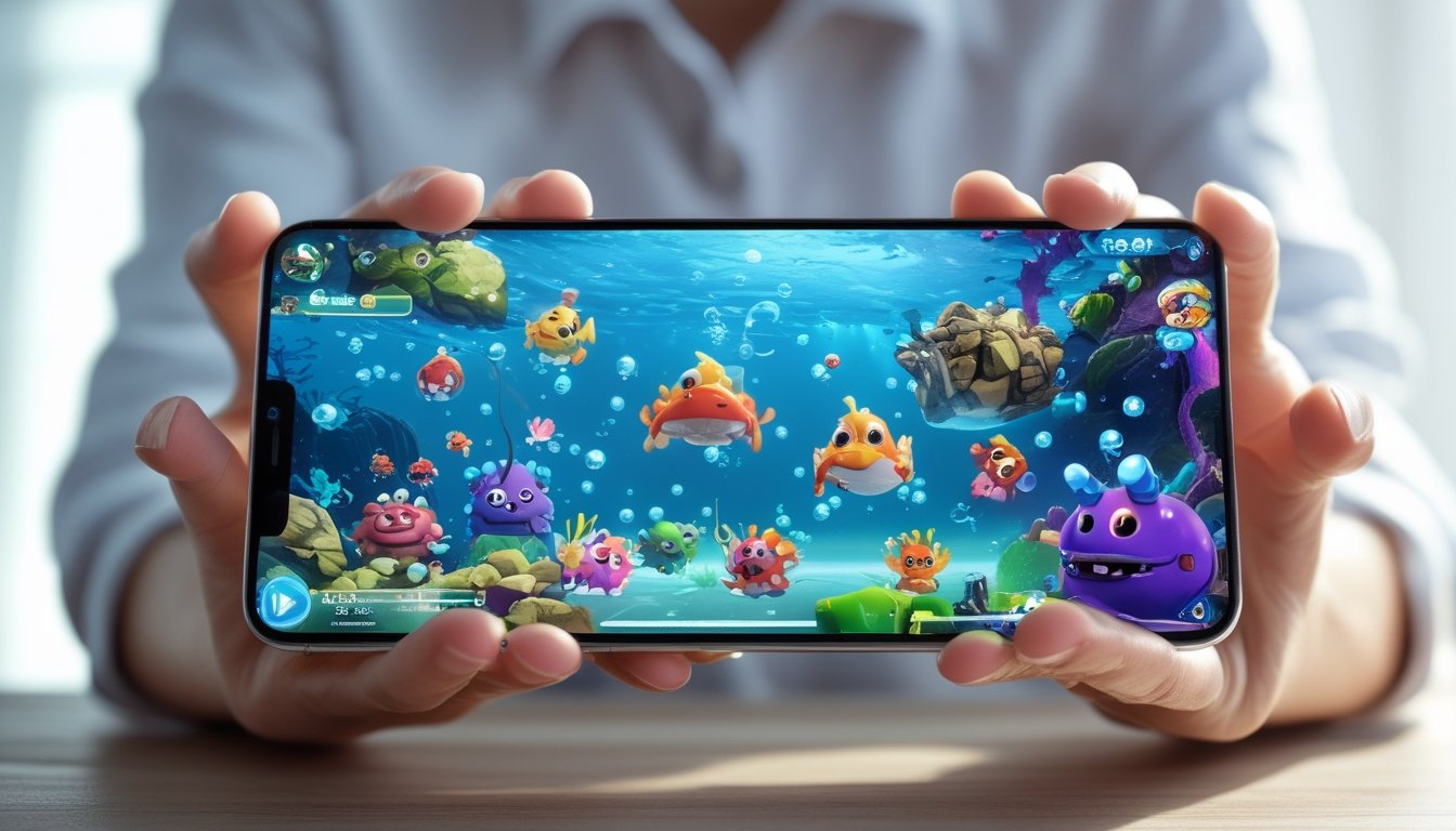 Seseorang memegang ponsel yang menampilkan permainan ikan monster di layar dengan latar belakang buram.