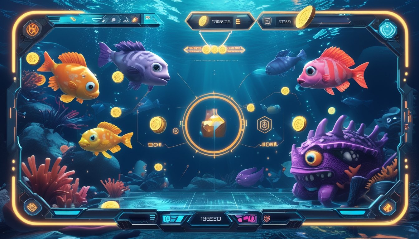 Tampilan permainan menembak ikan monster di bawah laut dengan berbagai ikan dan makhluk laut besar serta elemen permainan yang menunjukkan sumber daya tak terbatas.