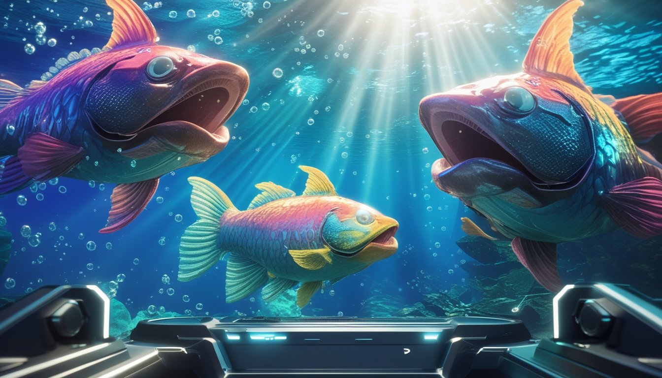 Pemandangan bawah laut dengan ikan monster raksasa yang berenang di air jernih, diterangi cahaya matahari dari atas.