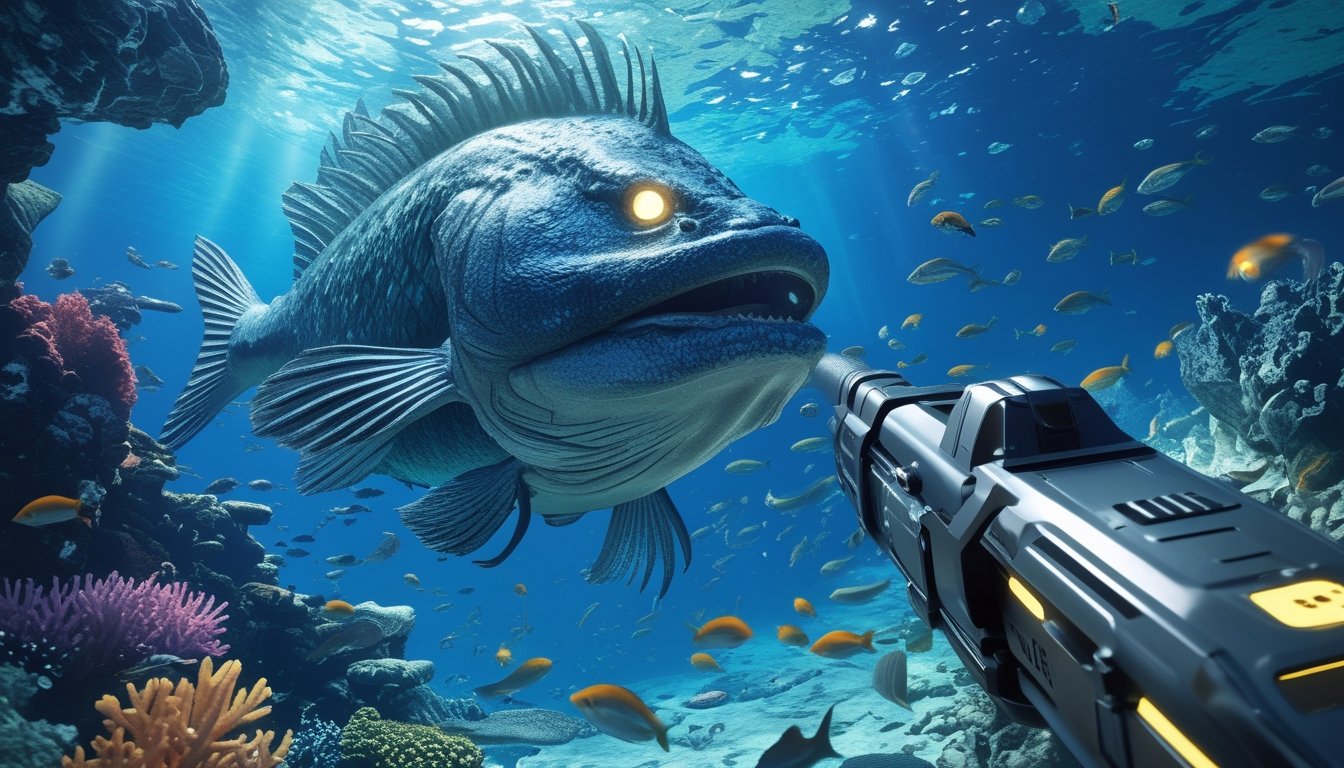 Pemandangan bawah laut dengan ikan monster raksasa dan alat pancing futuristik yang sedang mengincar ikan tersebut.