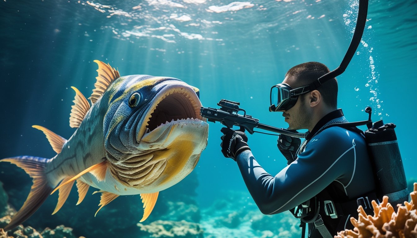 Seorang penyelam dengan alat pancing canggih sedang menembak ikan monster besar di bawah laut yang jernih dengan terumbu karang di latar belakang.
