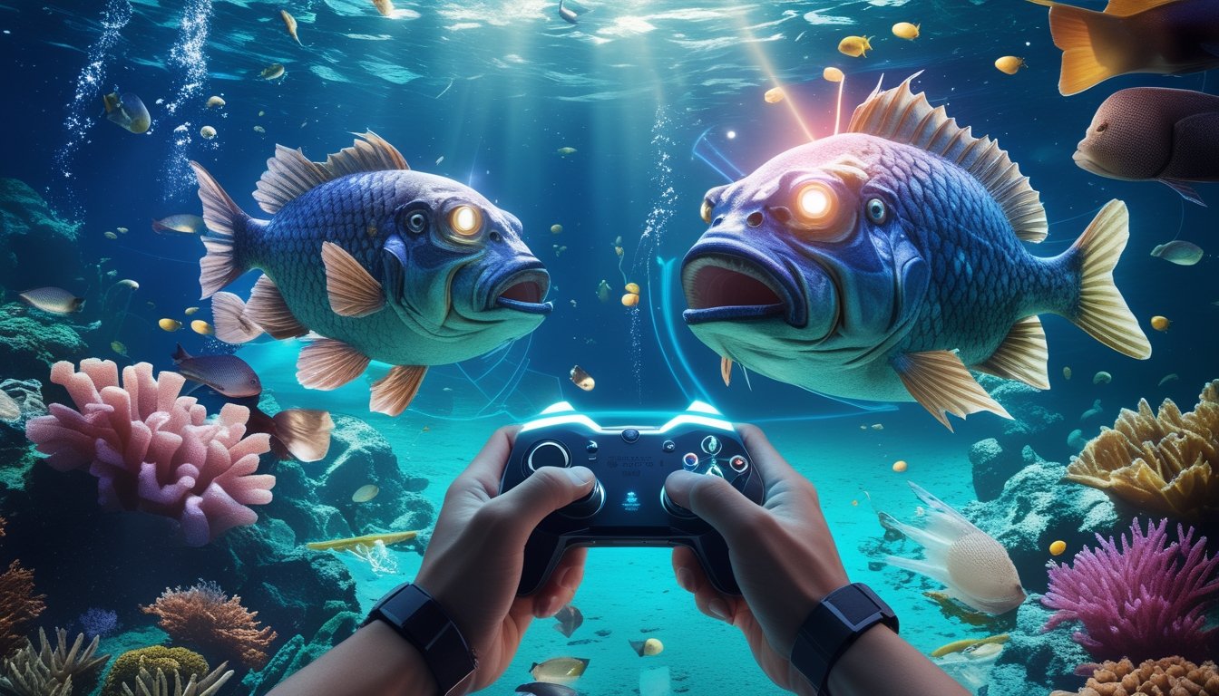 Seorang pemain menggunakan kontroler futuristik untuk menembak ikan monster besar di lingkungan bawah laut yang penuh warna dan terumbu karang.