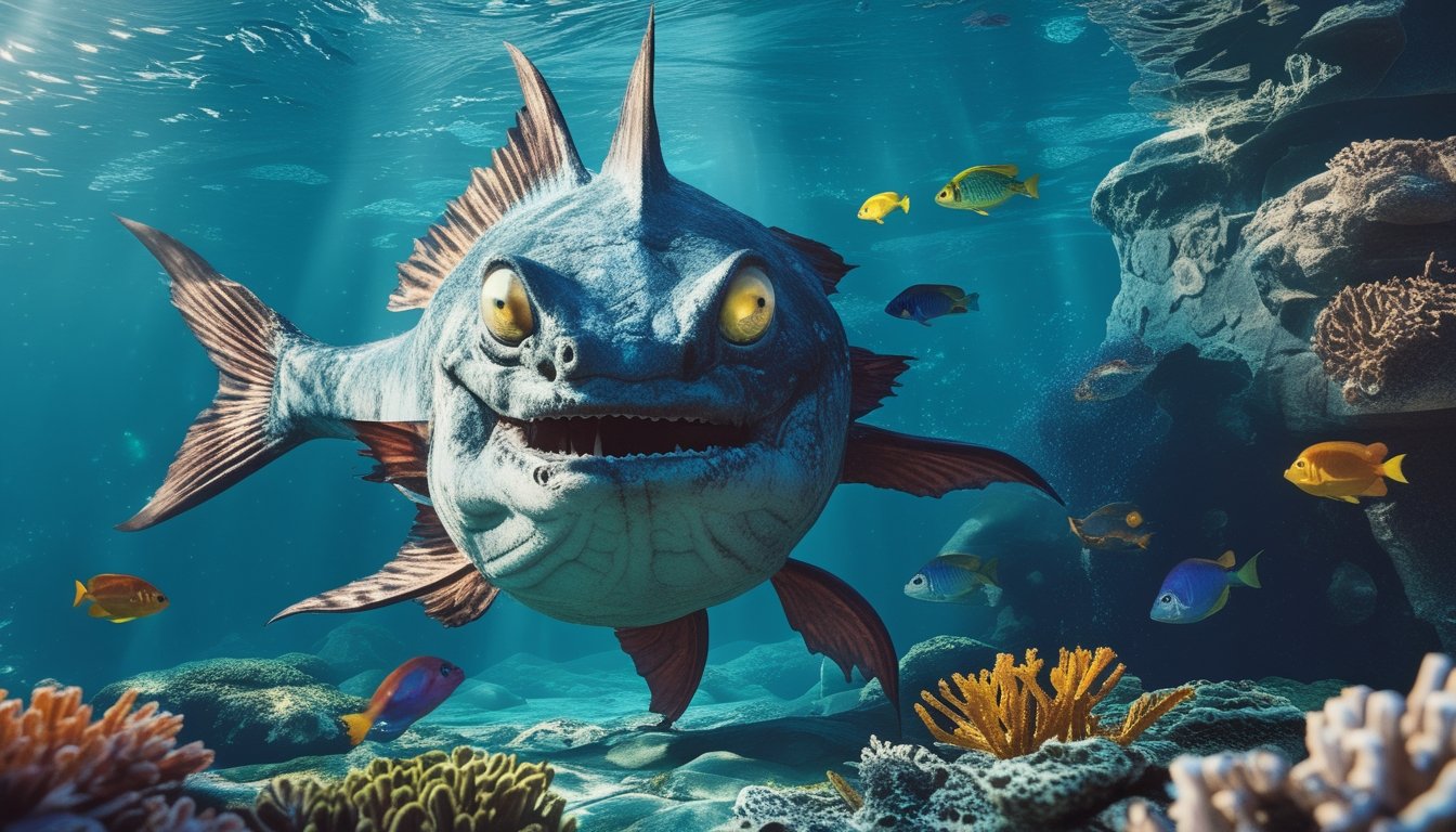 Pemandangan bawah laut dengan monster ikan besar yang mengancam dikelilingi oleh ikan-ikan kecil dan terumbu karang yang berwarna-warni.
