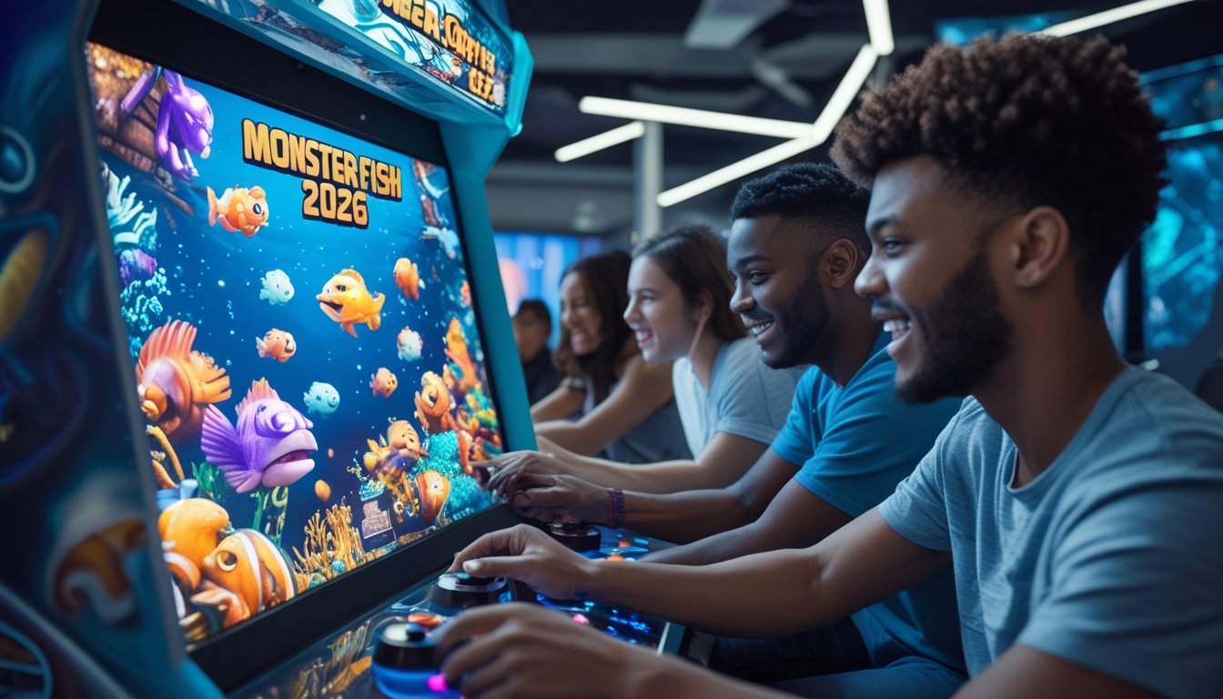 Sekelompok orang muda sedang bermain game tembak ikan di mesin arcade modern dengan layar menampilkan berbagai monster ikan berwarna-warni.
