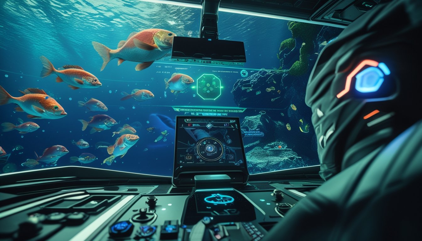 Adegan bawah laut dengan ikan monster berwarna-warni dan perangkat permainan modern yang menunjukkan pengaturan senjata untuk kemenangan maksimal.