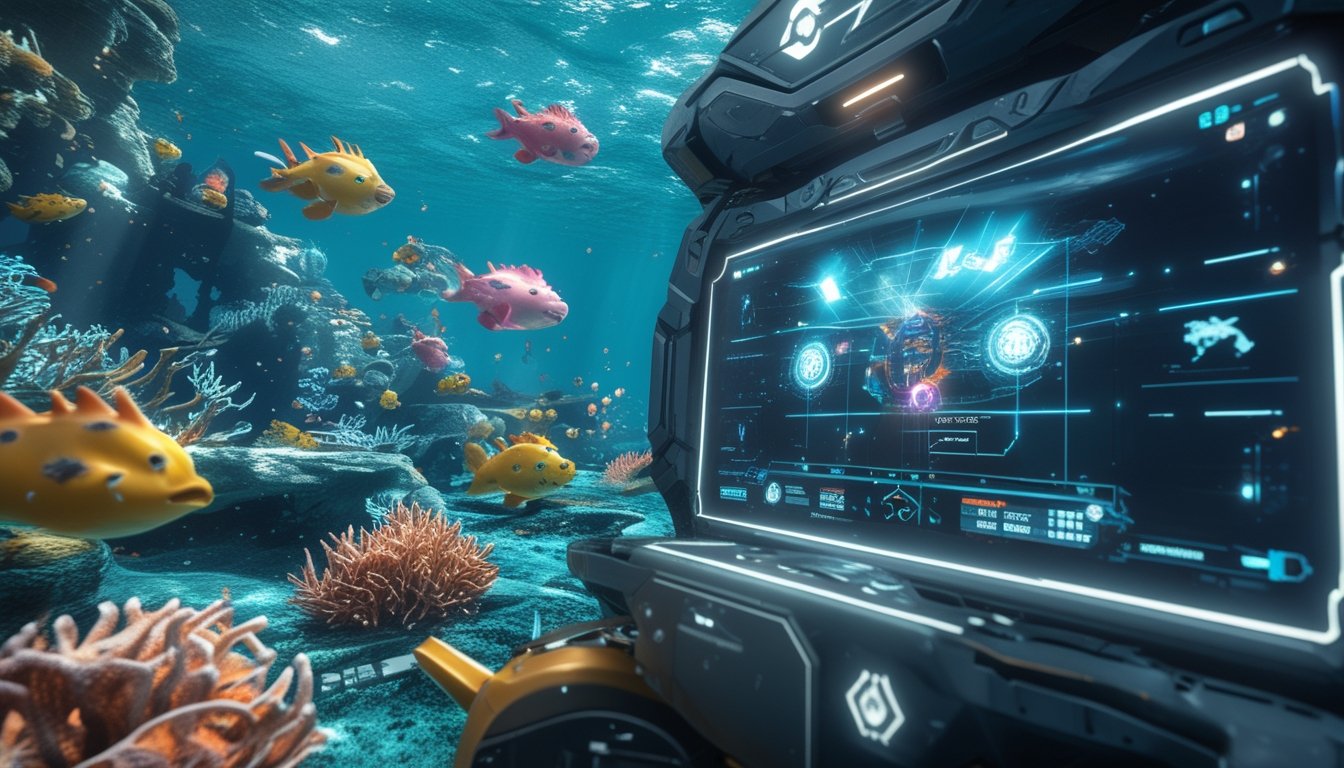 Pemandangan bawah laut dengan berbagai makhluk laut fantasi berwarna-warni dan antarmuka permainan digital modern yang menunjukkan elemen tembak-menembak dalam suasana laut biru yang cerah.