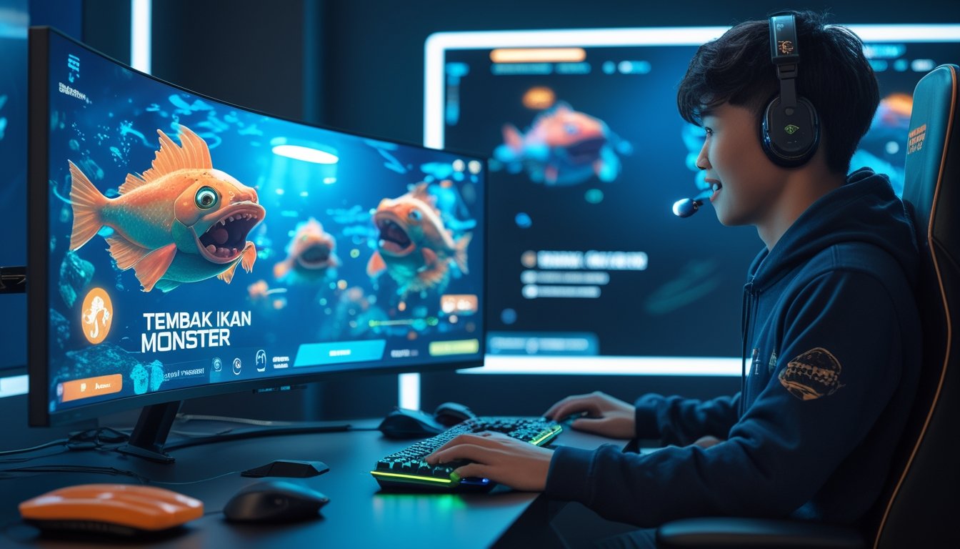 Seorang pemain muda sedang bermain game tembak ikan monster di komputer dengan layar besar yang menampilkan karakter ikan monster bawah laut yang berwarna-warni.