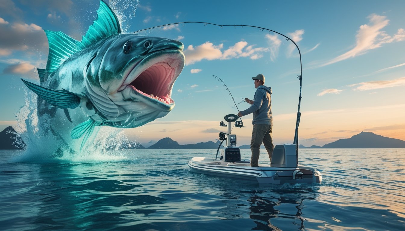 Seorang pemuda berdiri di perahu memegang alat pancing modern menghadap ikan monster besar yang muncul dari air laut saat matahari terbit.