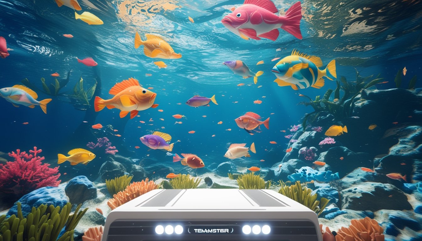 Pemandangan bawah laut berwarna-warni dengan berbagai ikan dan monster laut yang hidup, menampilkan suasana permainan tembak ikan yang menarik.