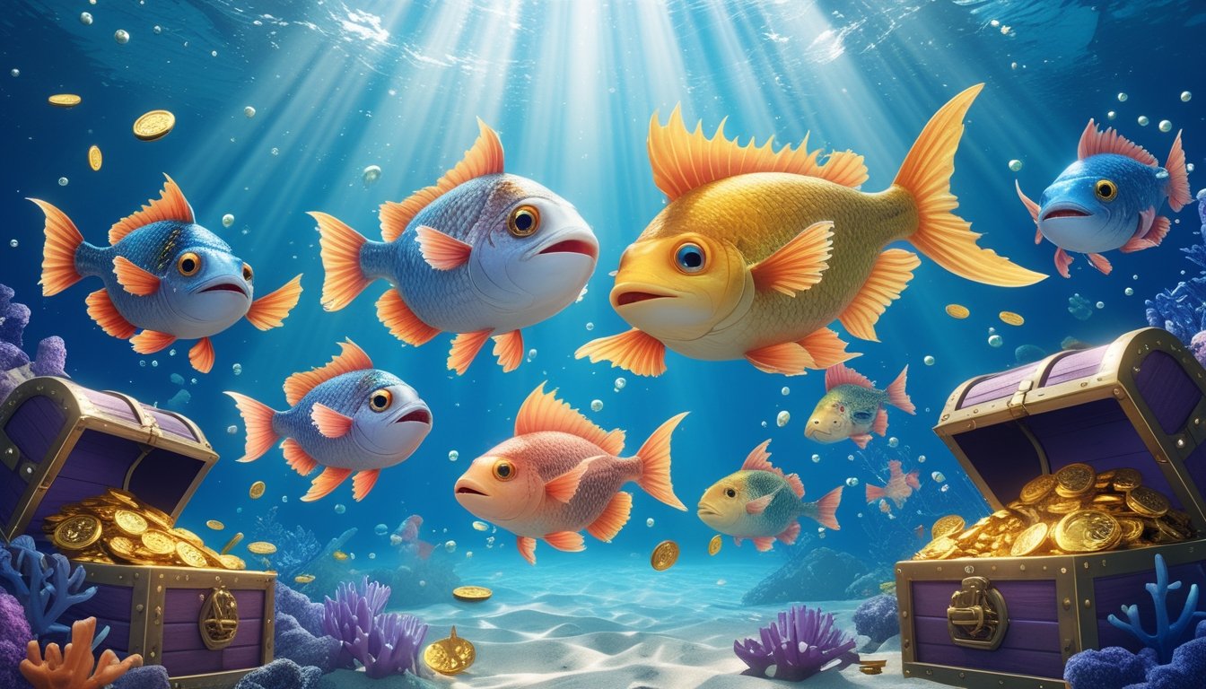 Pemandangan bawah laut dengan berbagai ikan monster berwarna-warni berenang di sekitar terumbu karang dan peti harta karun yang penuh dengan koin emas.
