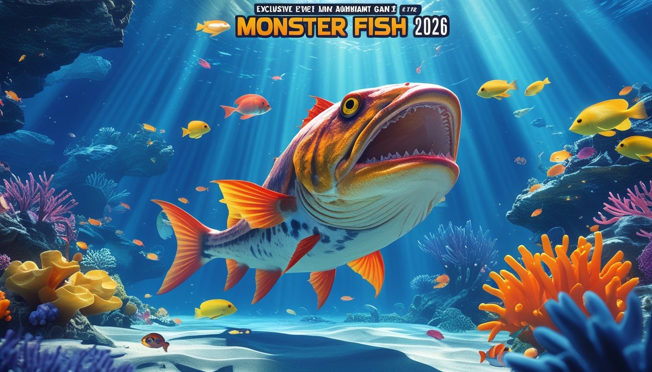 Pemandangan bawah laut dengan ikan monster besar di tengah dan berbagai ikan kecil di sekitarnya, menunjukkan suasana permainan menembak ikan yang seru.
