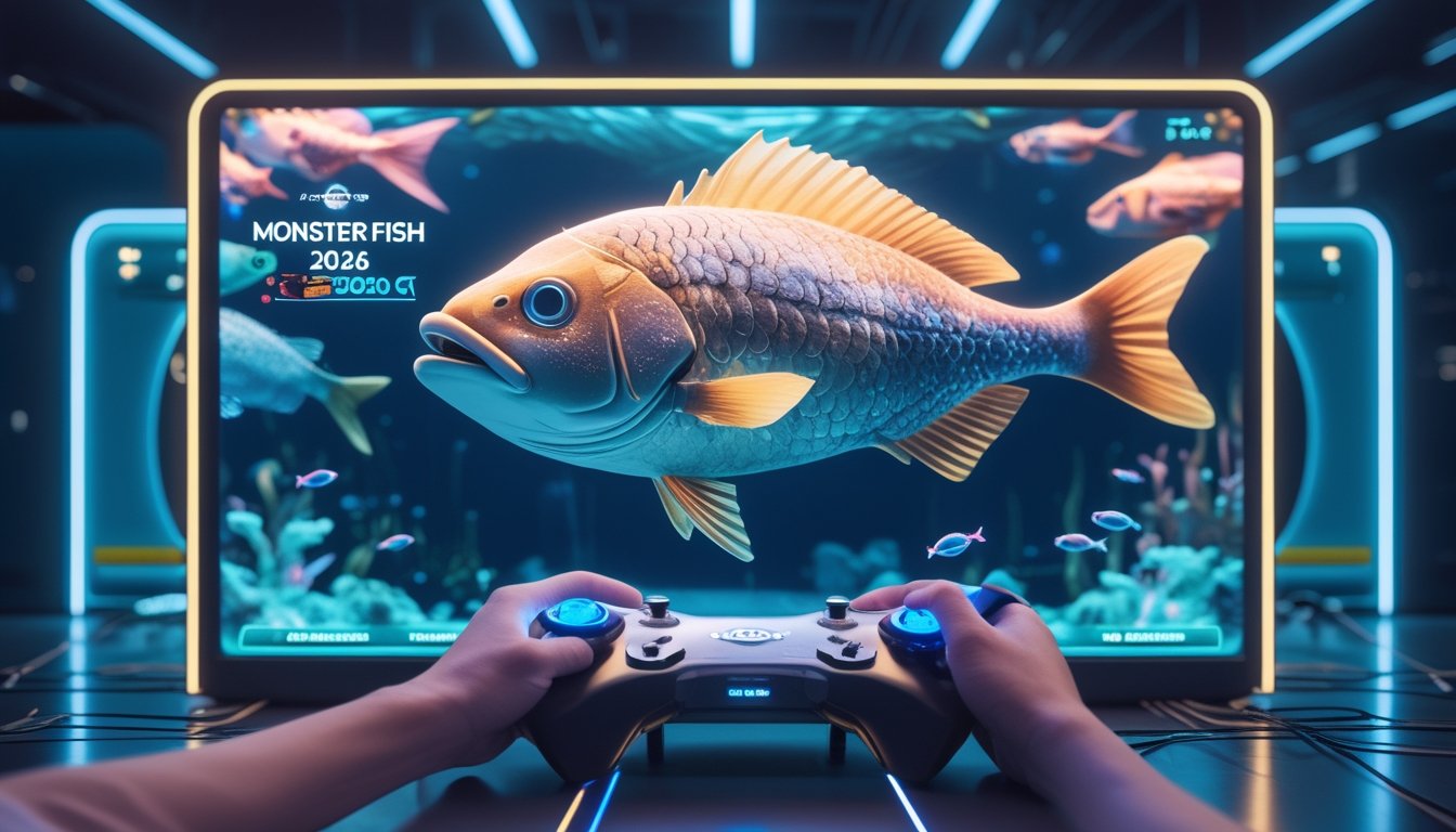Seorang pemain menggunakan konsol permainan modern dengan layar menampilkan ikan besar dan monster di latar bawah laut.