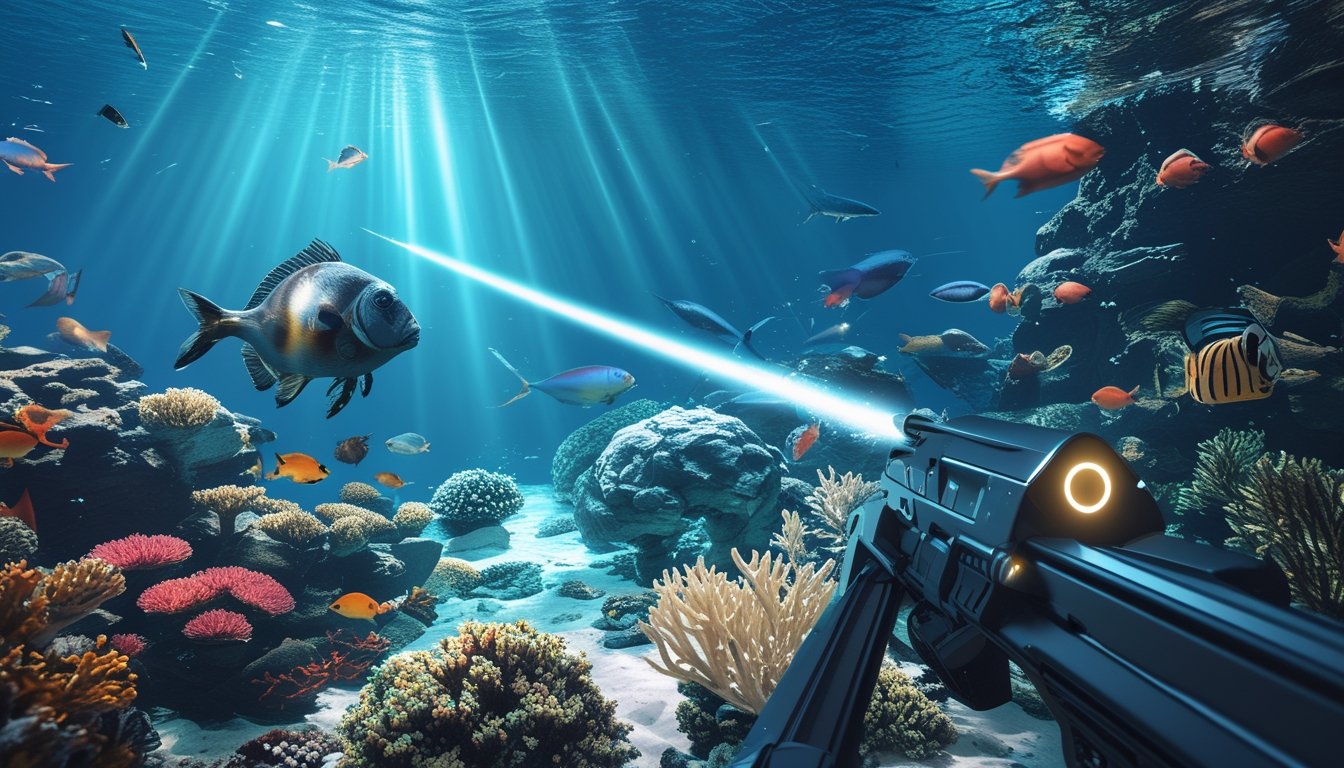 Pemandangan bawah laut dengan ikan besar dan monster laut yang sedang ditembak menggunakan alat tembak modern.