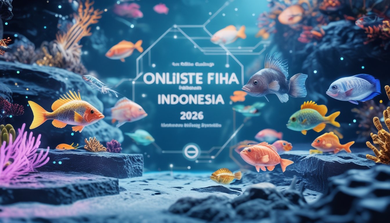 Pemandangan bawah laut dengan berbagai ikan dan monster laut berwarna-warni serta elemen digital yang menggambarkan permainan memancing online.