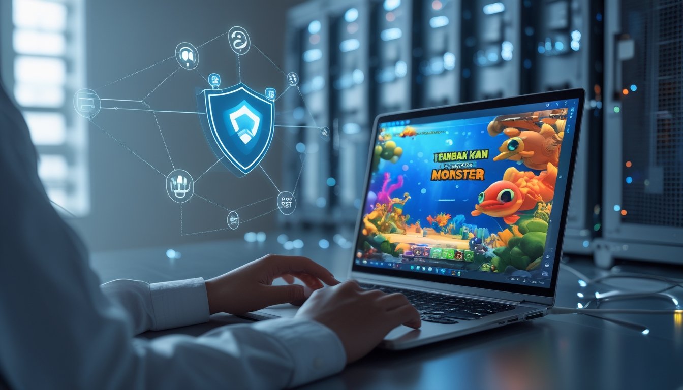 Seseorang menggunakan laptop dengan permainan bertema bawah laut di layar, dikelilingi ikon keamanan digital dan latar belakang peralatan server.
