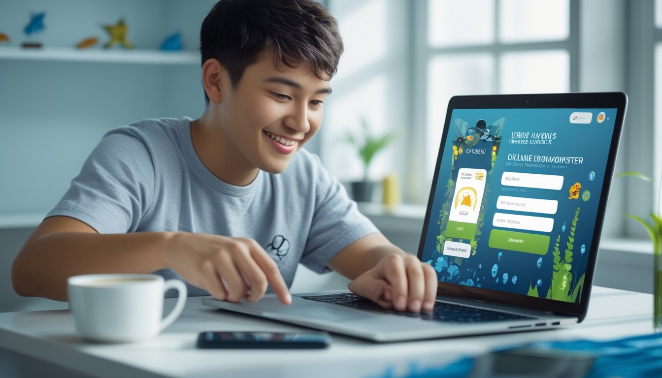 Seorang pemula sedang menggunakan ponsel dan laptop untuk mendaftar dan masuk ke permainan tembak ikan monster di meja kerja yang terang.