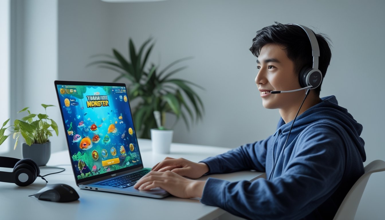 Seorang dewasa muda duduk di depan laptop dengan tampilan permainan ikan dan monster di layar, terlihat fokus dan antusias di ruangan yang terang dan rapi.
