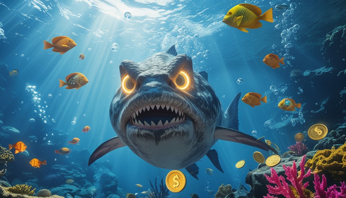 Seekor ikan monster besar di bawah air dikelilingi ikan tropis kecil dengan terumbu karang berwarna-warni dan koin emas serta berlian yang bersinar di sekitarnya.