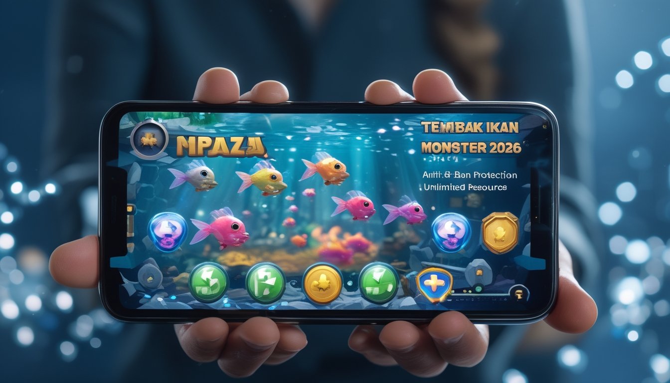 Gambar seseorang memegang ponsel dengan tampilan permainan ikan monster bawah laut dan ikon berlian serta koin emas.