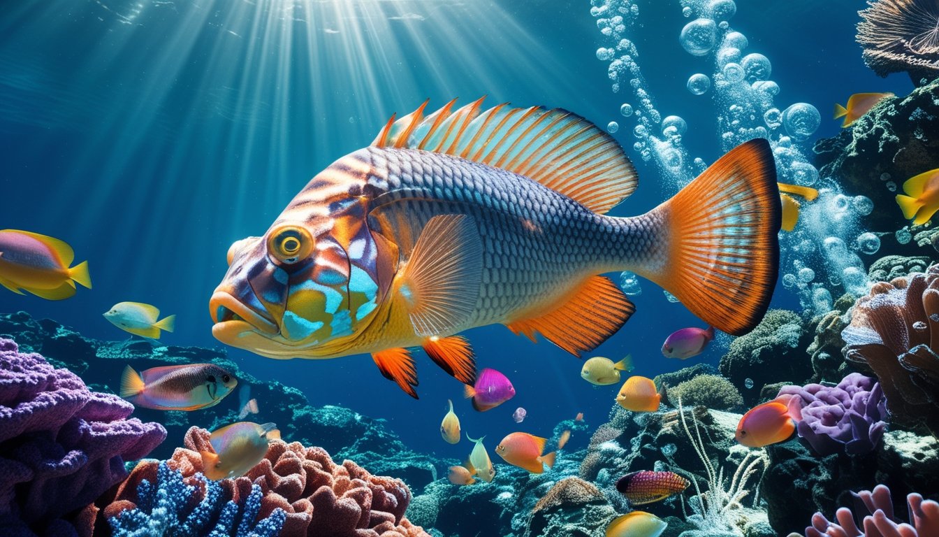 Pemandangan bawah laut dengan ikan warna-warni dan ikan monster besar yang langka di terumbu karang.