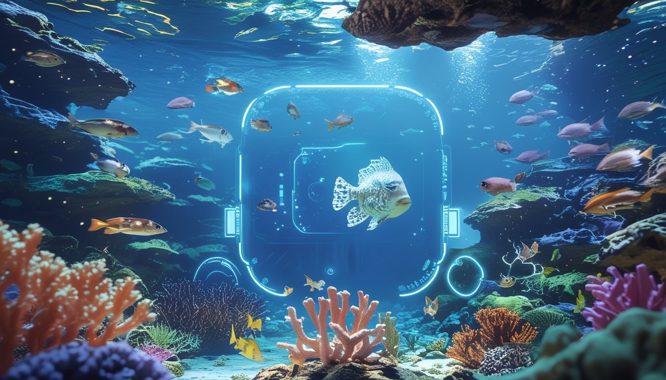 Pemandangan bawah laut dengan terumbu karang berwarna-warni dan ikan-ikan besar yang langka berenang di sekitar.