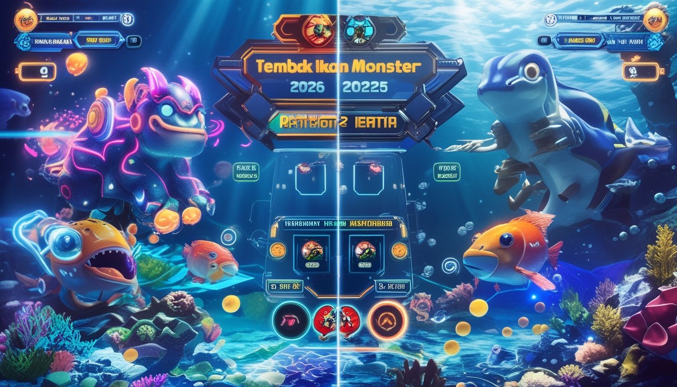 Adegan bawah laut dengan dua permainan tembak ikan yang berbeda, menampilkan ikan dan makhluk laut berwarna-warni dalam suasana permainan arcade.