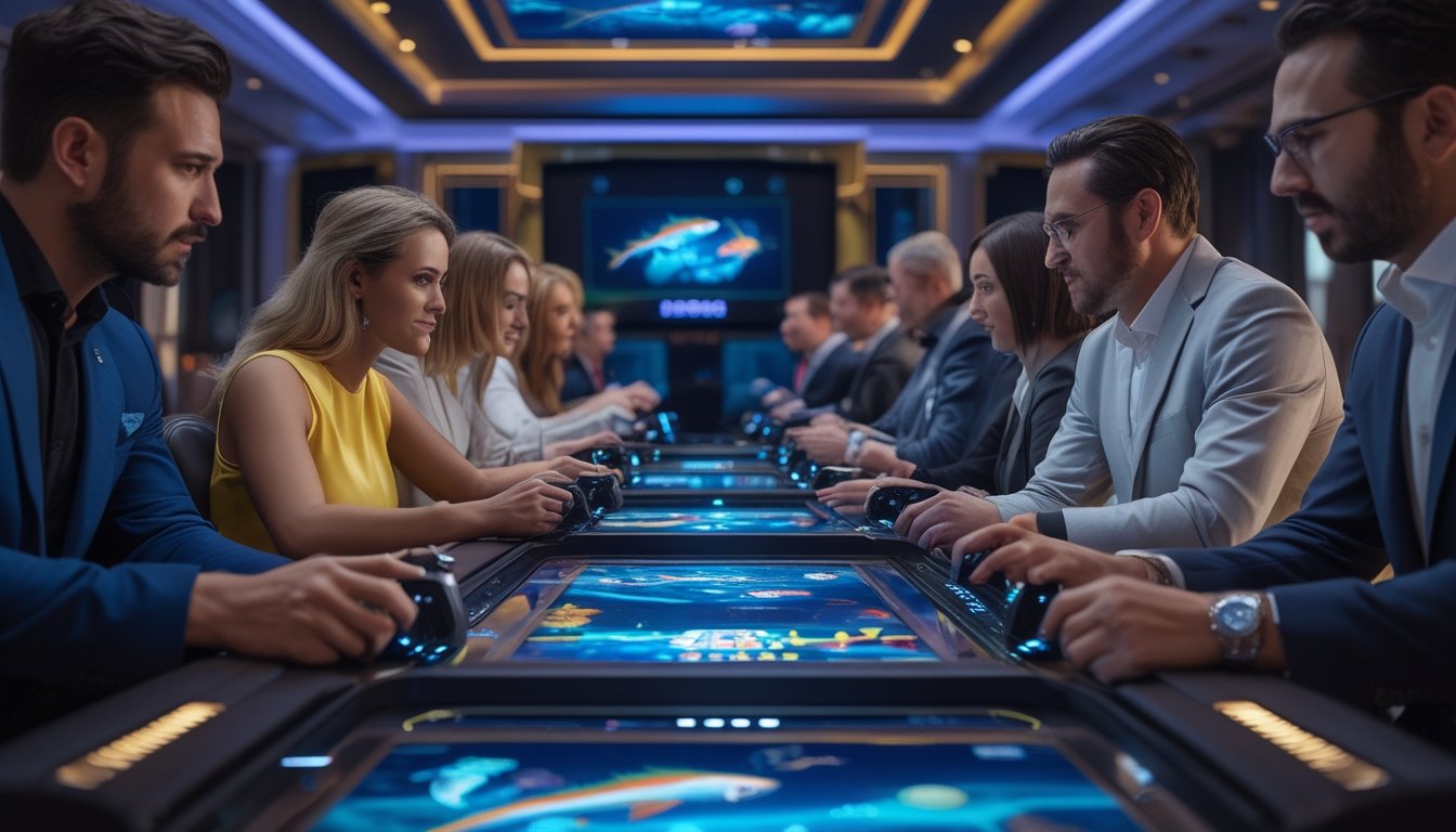 Meja VIP dengan pemain yang sedang fokus bermain permainan tembak ikan monster di suasana kasino futuristik.