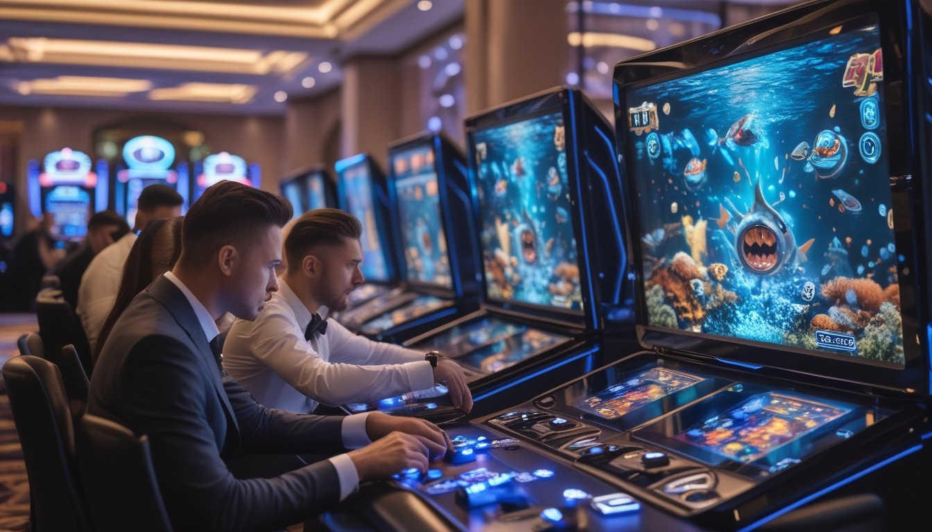 Sekelompok pemain berpakaian rapi sedang fokus bermain game tembak ikan dengan layar digital berwarna-warni di meja VIP di dalam kasino.