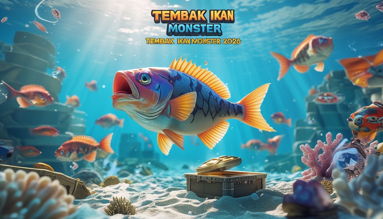 Pemandangan bawah laut dengan berbagai ikan berwarna-warni dan terumbu karang yang hidup, menampilkan suasana permainan memancing ikan yang menarik dan modern.