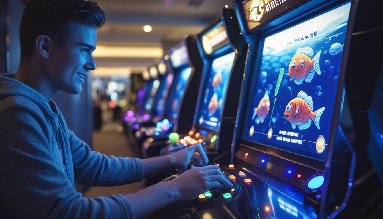 Seorang pemain muda sedang bermain mesin arcade tembak ikan dengan lampu warna-warni dan layar yang menampilkan ikan monster di bawah laut.